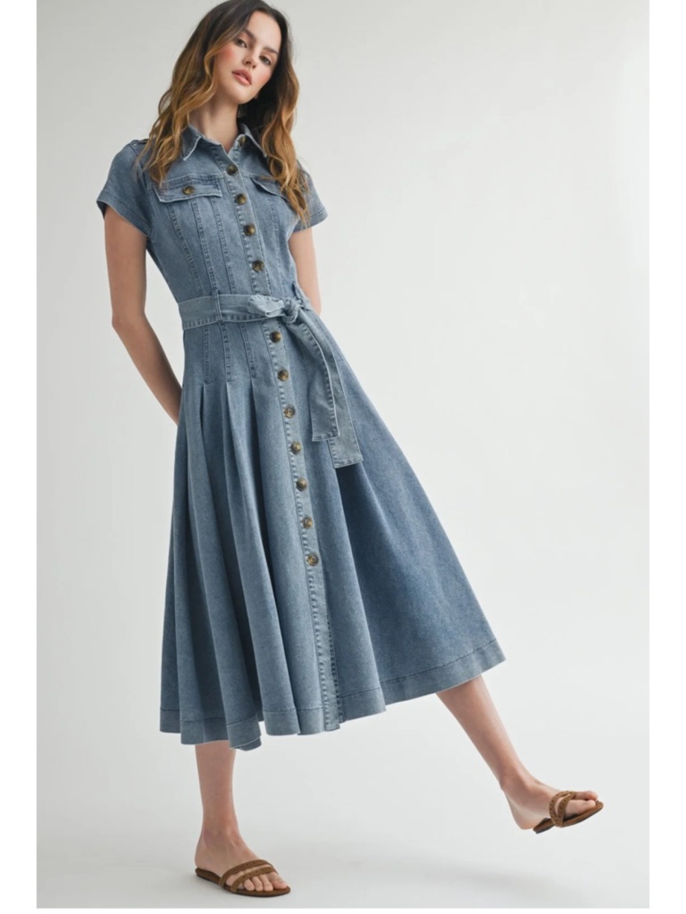 Button-Front Light Blue Denim Midi Dress with Tie Waist - Picture 2 of 11